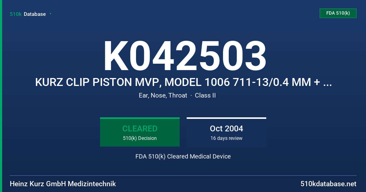 K042503 KURZ CLIP PISTON MVP, MODEL 1006 711-13/0.4 MM + 1006 761-63/0.6MM FDA 510(k) Cleared Medical Device