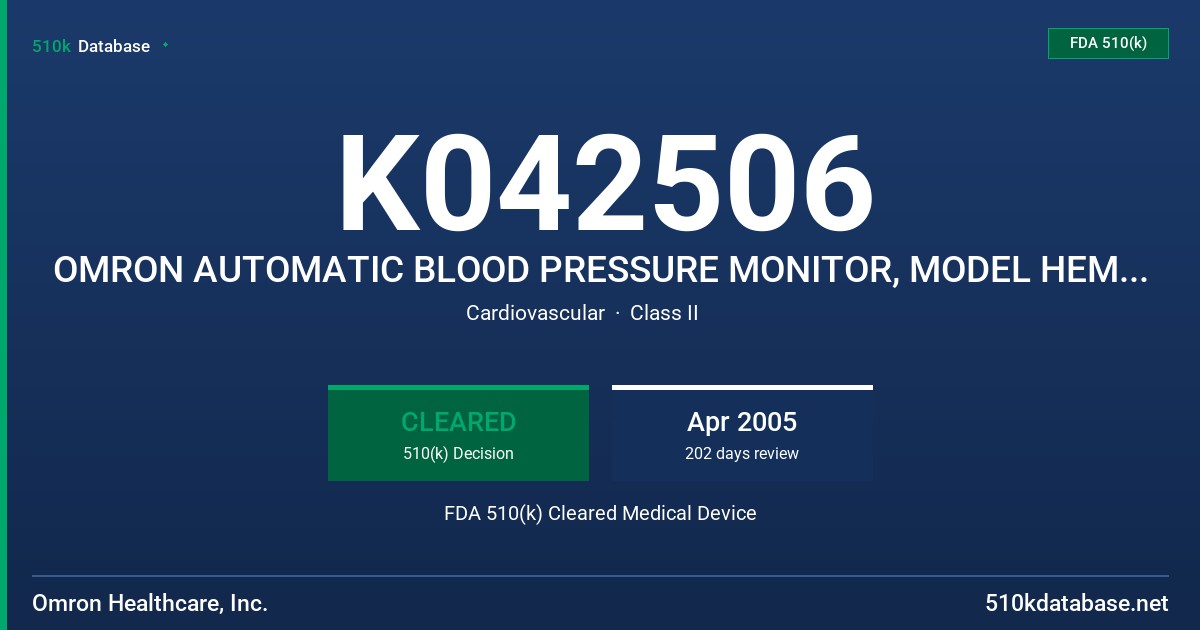 K042506 OMRON AUTOMATIC BLOOD PRESSURE MONITOR, MODEL HEM-780M FDA 510(k) Cleared Medical Device