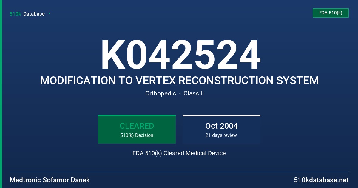 K042524 MODIFICATION TO VERTEX RECONSTRUCTION SYSTEM FDA 510(k) Cleared Medical Device