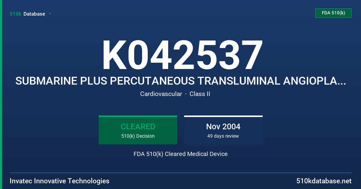 K042537 SUBMARINE PLUS PERCUTANEOUS TRANSLUMINAL ANGIOPLASTY (PTA) CATHETER, MODEL SUVXXXXXXXXX FDA 510(k) Cleared Medical Device
