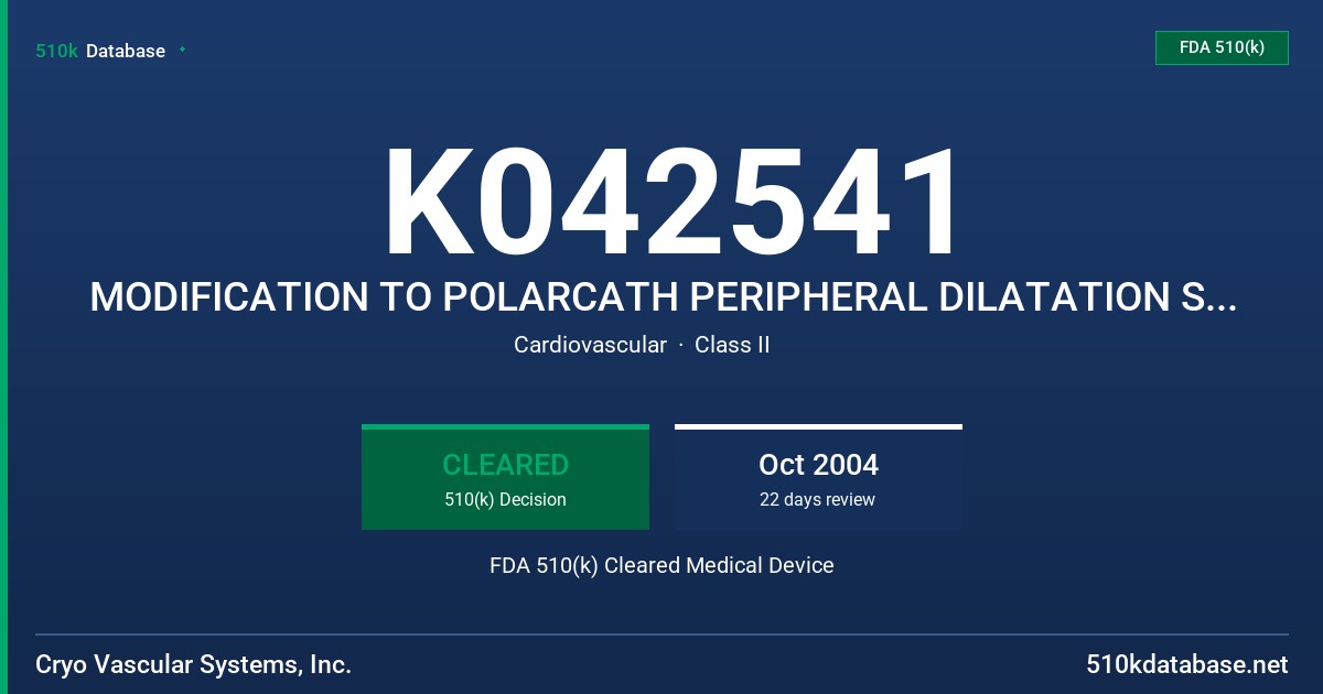 K042541 MODIFICATION TO POLARCATH PERIPHERAL DILATATION SYSTEM FDA 510(k) Cleared Medical Device