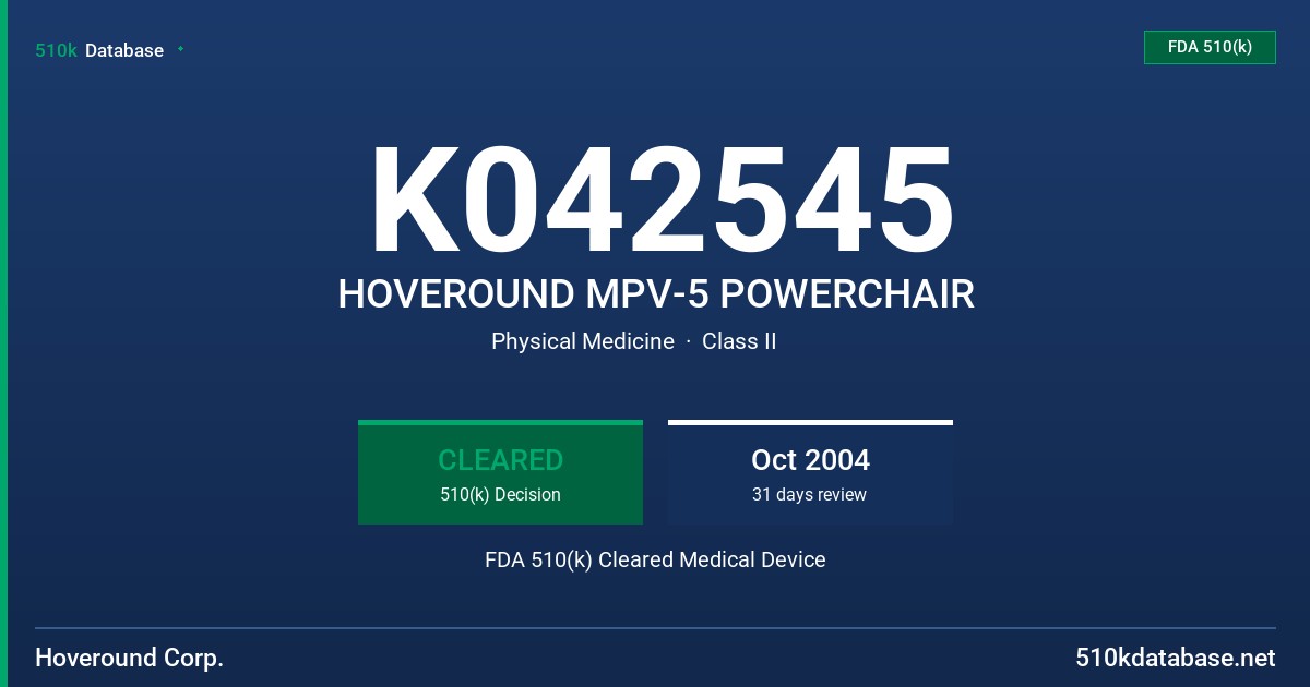 K042545 HOVEROUND MPV-5 POWERCHAIR FDA 510(k) Cleared Medical Device