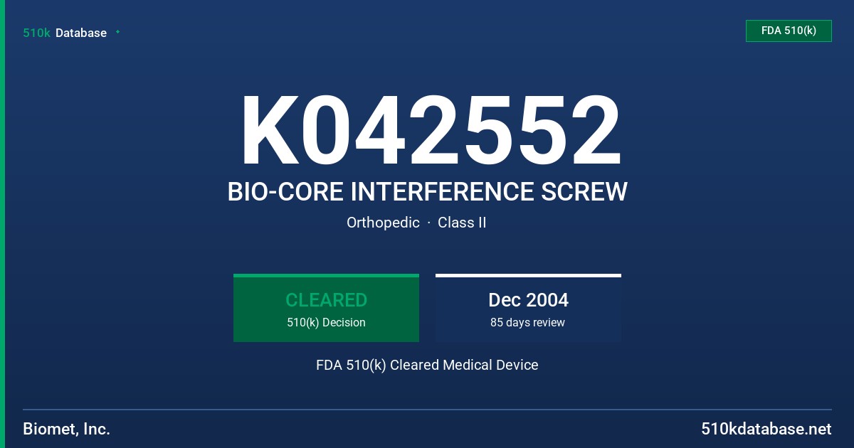 K042552 BIO-CORE INTERFERENCE SCREW FDA 510(k) Cleared Medical Device