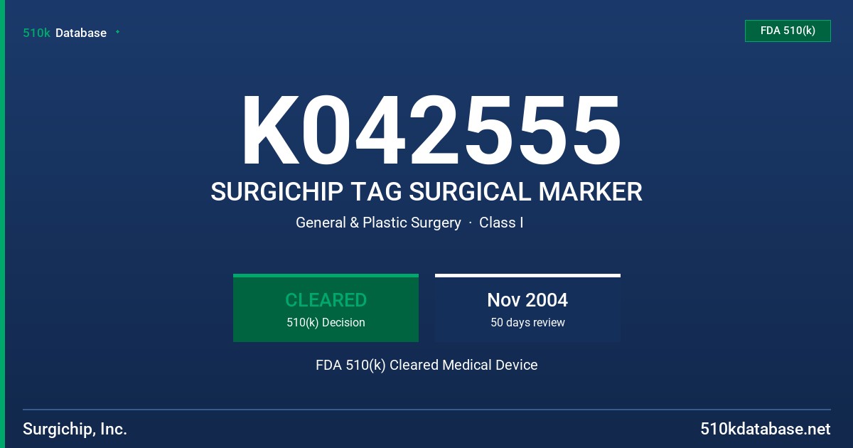 K042555 SURGICHIP TAG SURGICAL MARKER FDA 510(k) Cleared Medical Device