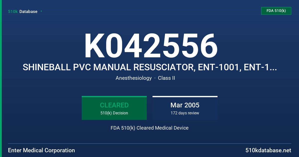 K042556 SHINEBALL PVC MANUAL RESUSCIATOR, ENT-1001, ENT-1003, ENT-1005, SHINEBALL SILICONE MANUAL RESUSCIATOR, ENT-1022, FDA 510(k) Cleared Medical Device