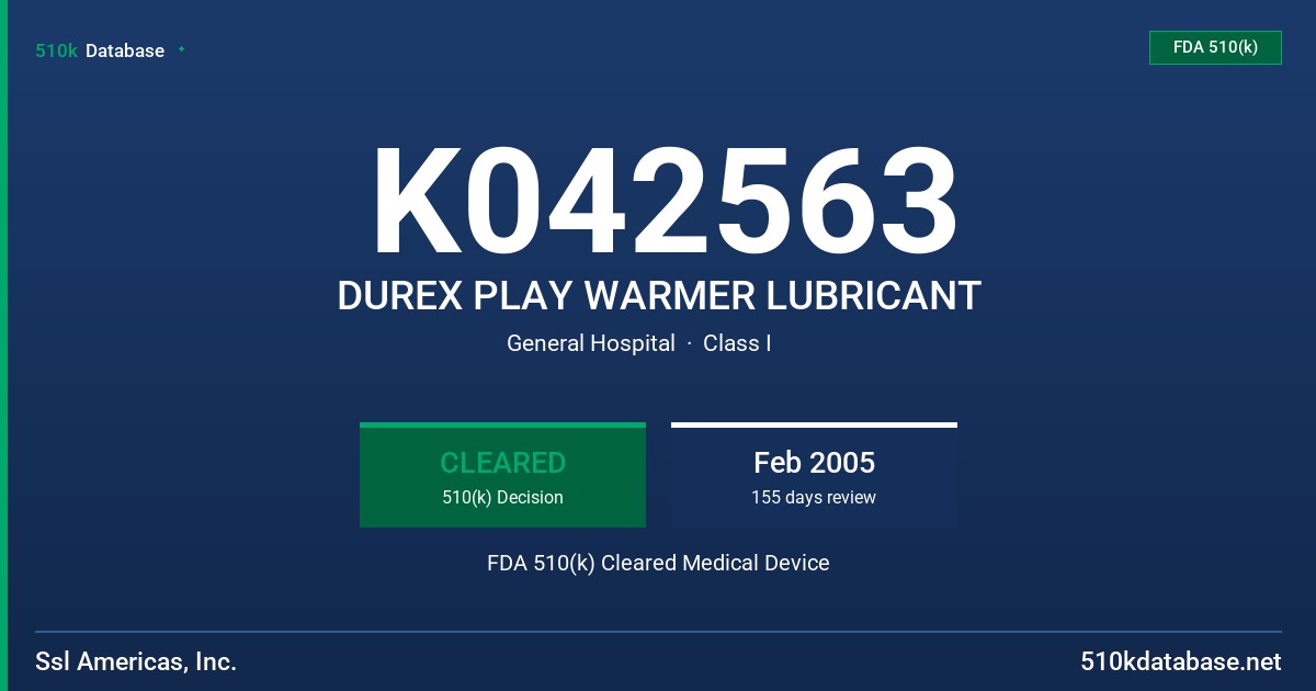 K042563 DUREX PLAY WARMER LUBRICANT FDA 510(k) Cleared Medical Device