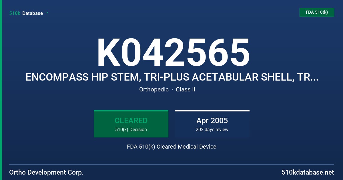 K042565 ENCOMPASS HIP STEM, TRI-PLUS ACETABULAR SHELL, TRI-PLUS DCM LINER FDA 510(k) Cleared Medical Device