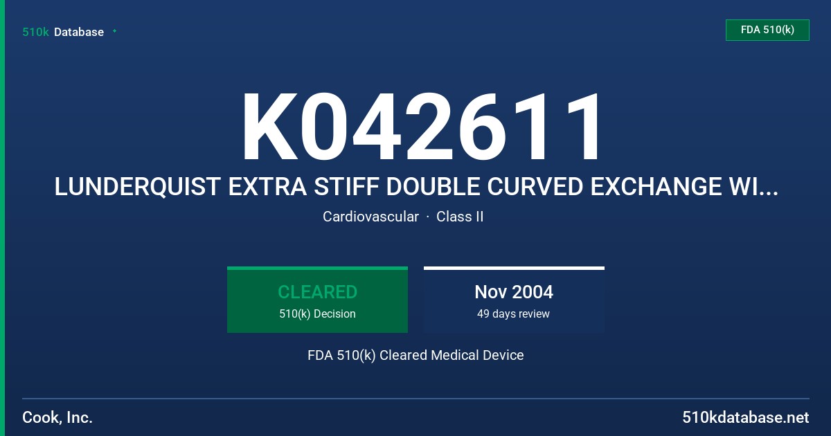 K042611 LUNDERQUIST EXTRA STIFF DOUBLE CURVED EXCHANGE WIRE GUIDE FDA 510(k) Cleared Medical Device