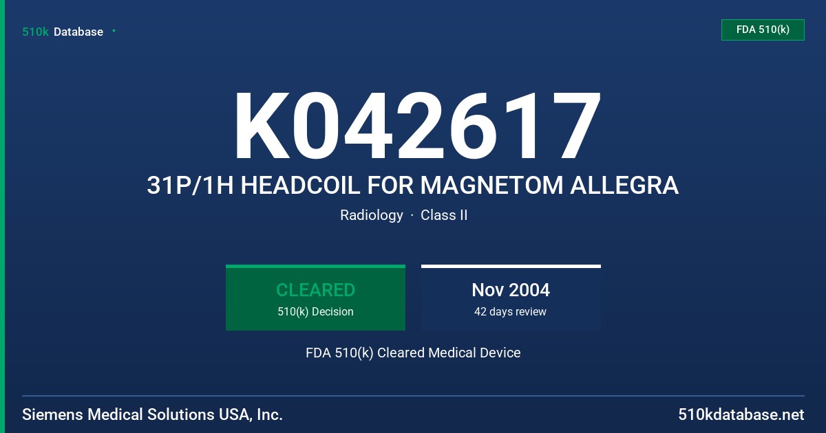K042617 31P/1H HEADCOIL FOR MAGNETOM ALLEGRA FDA 510(k) Cleared Medical Device