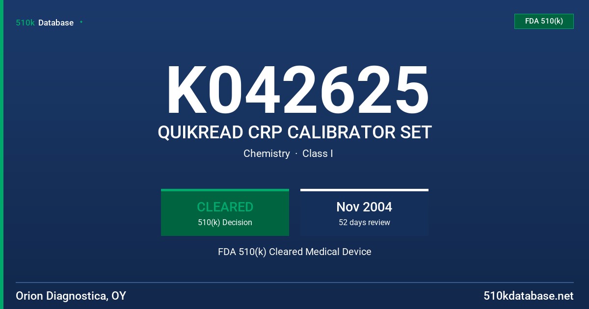 K042625 QUIKREAD CRP CALIBRATOR SET FDA 510(k) Cleared Medical Device