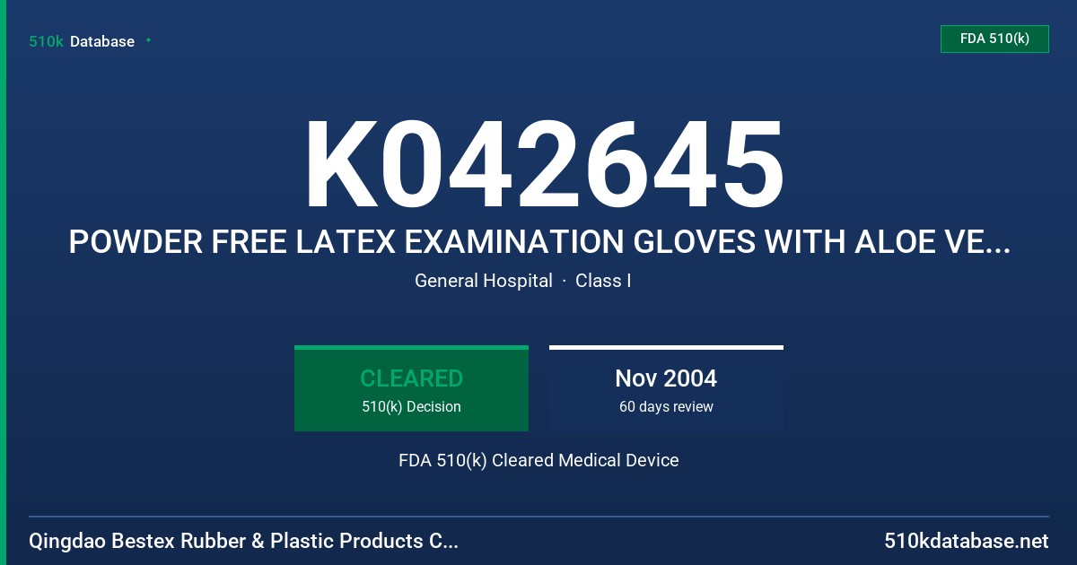 K042645 POWDER FREE LATEX EXAMINATION GLOVES WITH ALOE VERA, NATURAL WATER, SOLUBLE VITAMIN E AND VITAMIN C AND PROTEIN LABELING FDA 510(k) Cleared Medical Device
