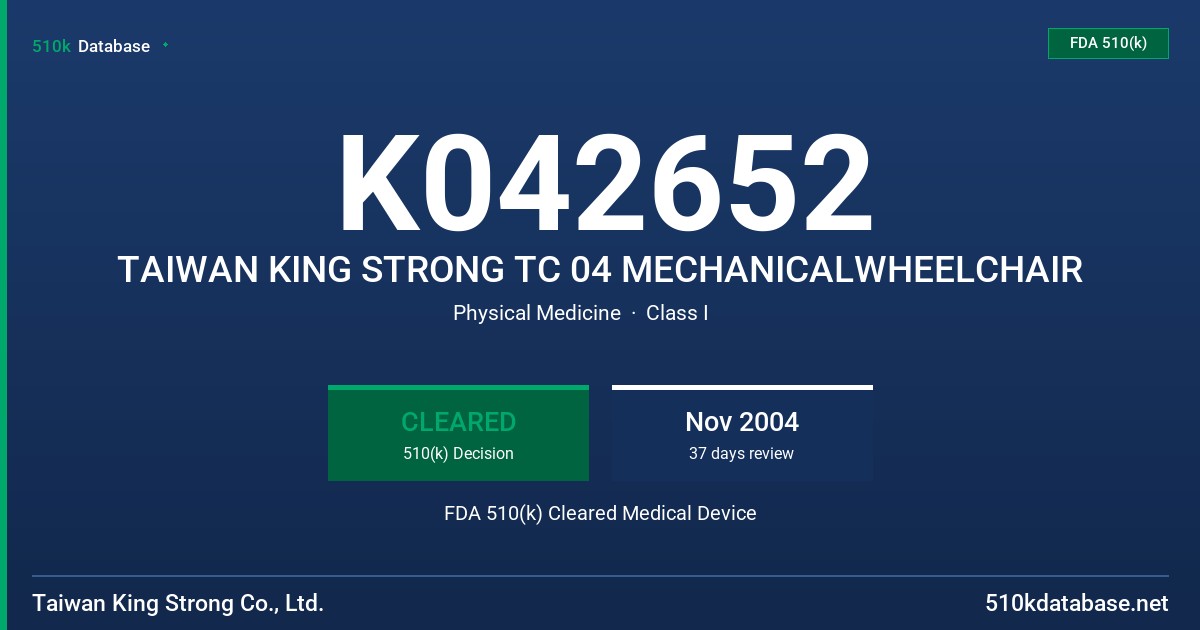 K042652 TAIWAN KING STRONG TC 04 MECHANICALWHEELCHAIR FDA 510(k) Cleared Medical Device