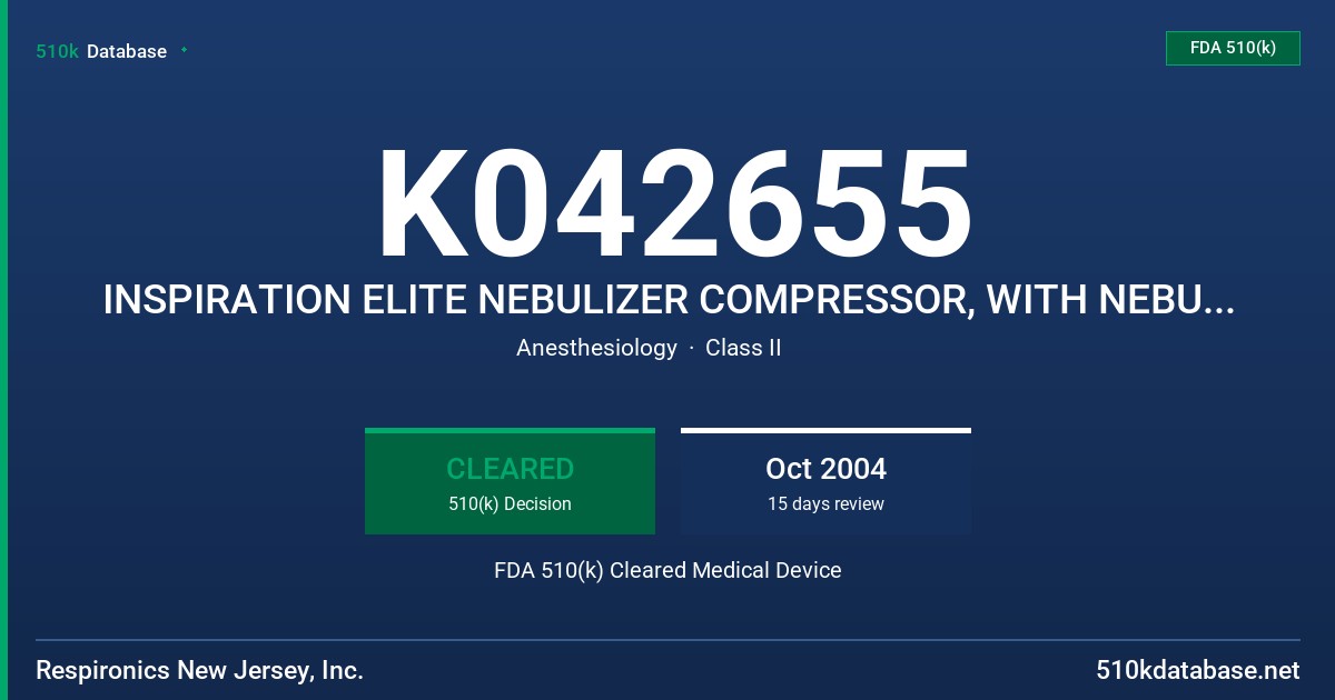 K042655 INSPIRATION ELITE NEBULIZER COMPRESSOR, WITH NEBULIZER, MODEL HS456 FDA 510(k) Cleared Medical Device