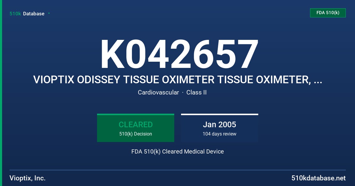 K042657 VIOPTIX ODISSEY TISSUE OXIMETER TISSUE OXIMETER, MODEL OXY-2 FDA 510(k) Cleared Medical Device