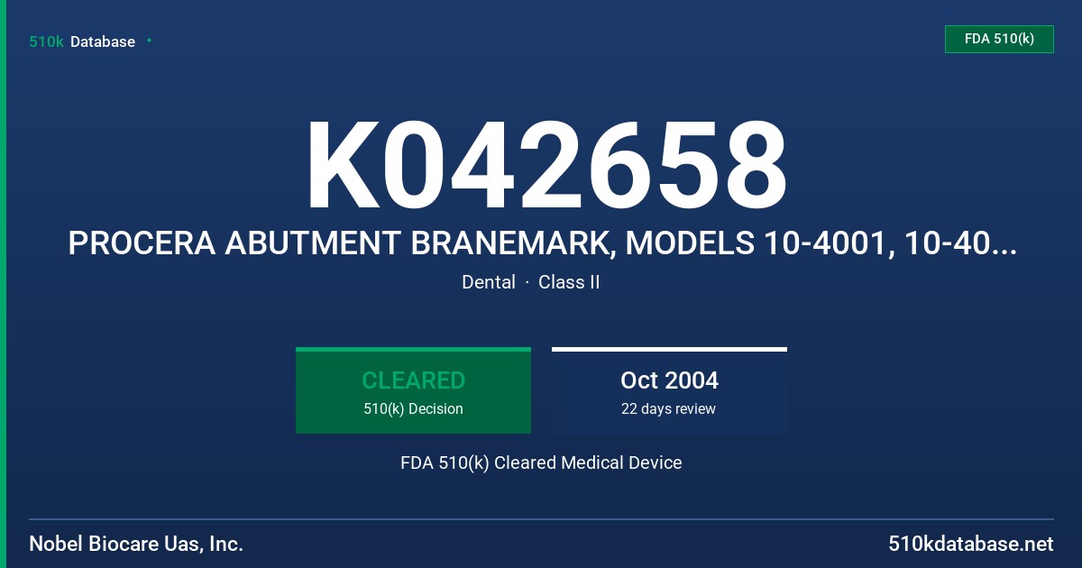K042658 PROCERA ABUTMENT BRANEMARK, MODELS 10-4001, 10-4004, 10-5001, 10-5004, 10-6001, 10-6004 FDA 510(k) Cleared Medical Device