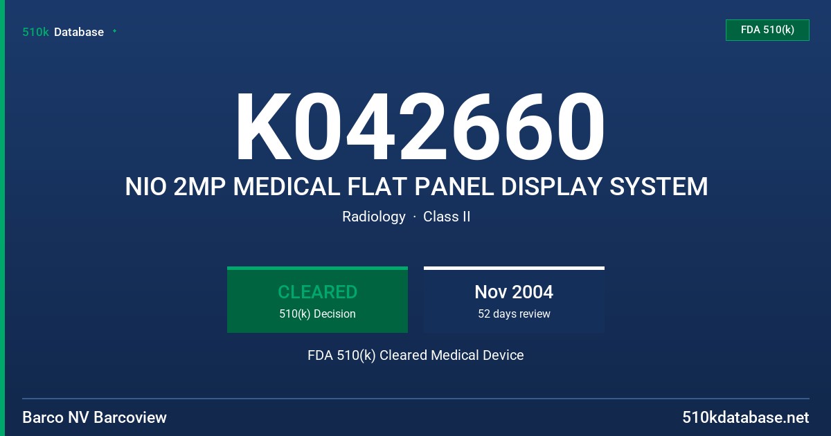 K042660 NIO 2MP MEDICAL FLAT PANEL DISPLAY SYSTEM FDA 510(k) Cleared Medical Device