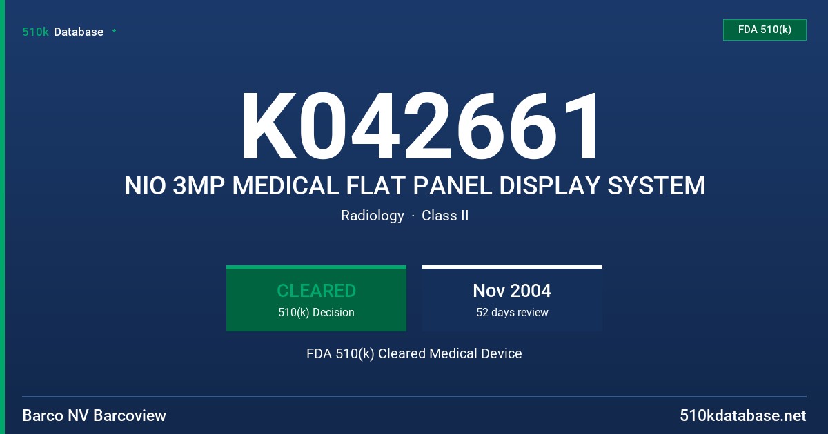 K042661 NIO 3MP MEDICAL FLAT PANEL DISPLAY SYSTEM FDA 510(k) Cleared Medical Device