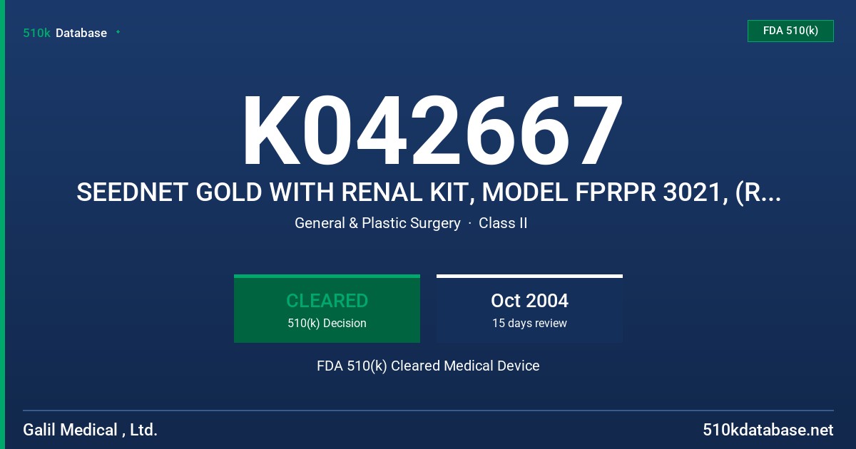 K042667 SEEDNET GOLD WITH RENAL KIT, MODEL FPRPR 3021, (RENAL KIT), FPRCH 2024 (SEEDNETGOLD) FDA 510(k) Cleared Medical Device
