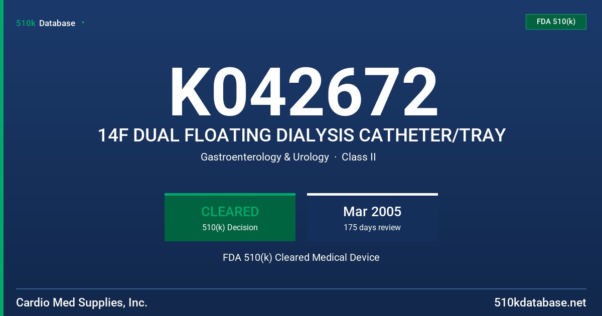 K042672 14F DUAL FLOATING DIALYSIS CATHETER/TRAY FDA 510(k) Cleared Medical Device