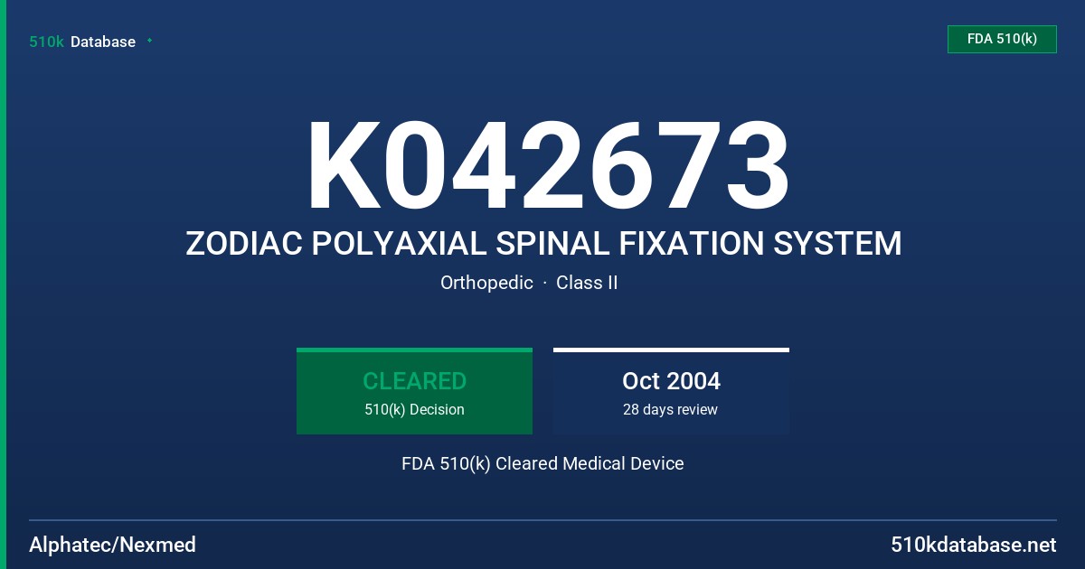 K042673 ZODIAC POLYAXIAL SPINAL FIXATION SYSTEM FDA 510(k) Cleared Medical Device