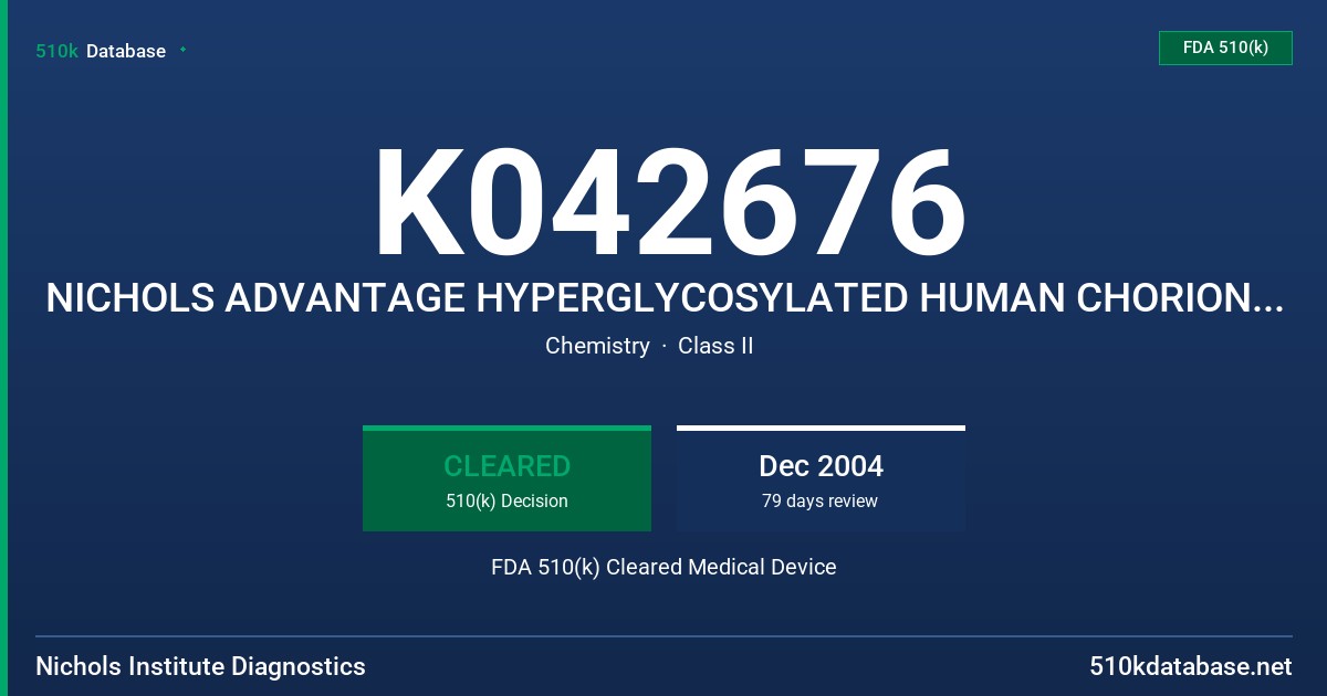 K042676 NICHOLS ADVANTAGE HYPERGLYCOSYLATED HUMAN CHORIONIC GONADOTROPIN (H-HCG) ASSAY FDA 510(k) Cleared Medical Device