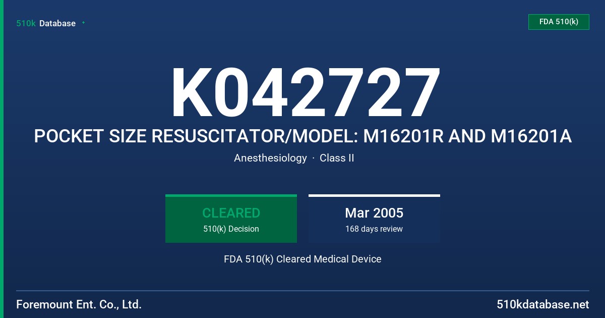 K042727 POCKET SIZE RESUSCITATOR/MODEL: M16201R AND M16201A FDA 510(k) Cleared Medical Device