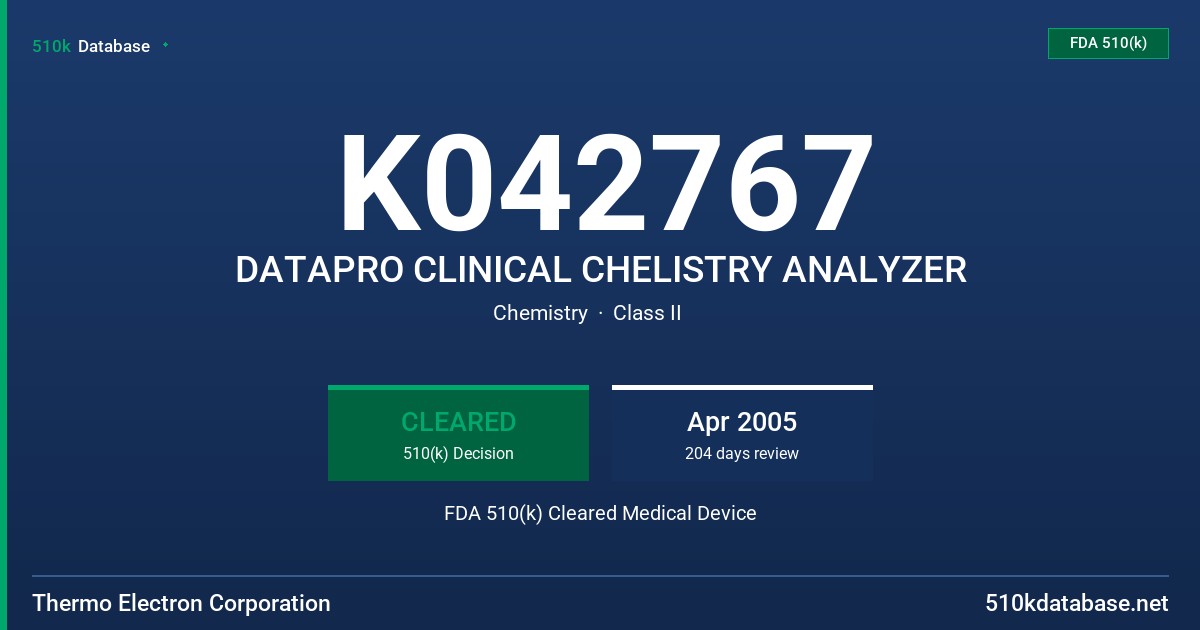 K042767 DATAPRO CLINICAL CHELISTRY ANALYZER FDA 510(k) Cleared Medical Device