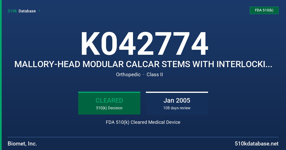 K042774 MALLORY-HEAD MODULAR CALCAR STEMS WITH INTERLOCKING SLOTS FDA 510(k) Cleared Medical Device