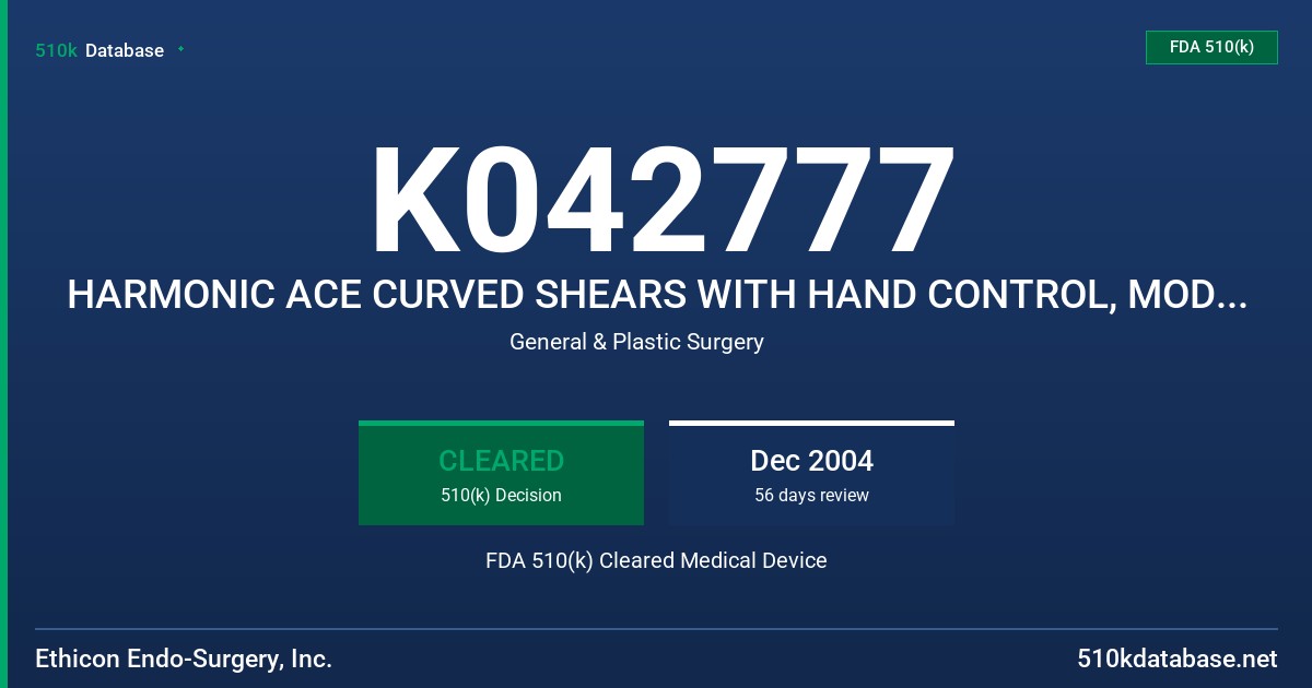 K042777 HARMONIC ACE CURVED SHEARS WITH HAND CONTROL, MODEL ACE23P, ACE36P FDA 510(k) Cleared Medical Device