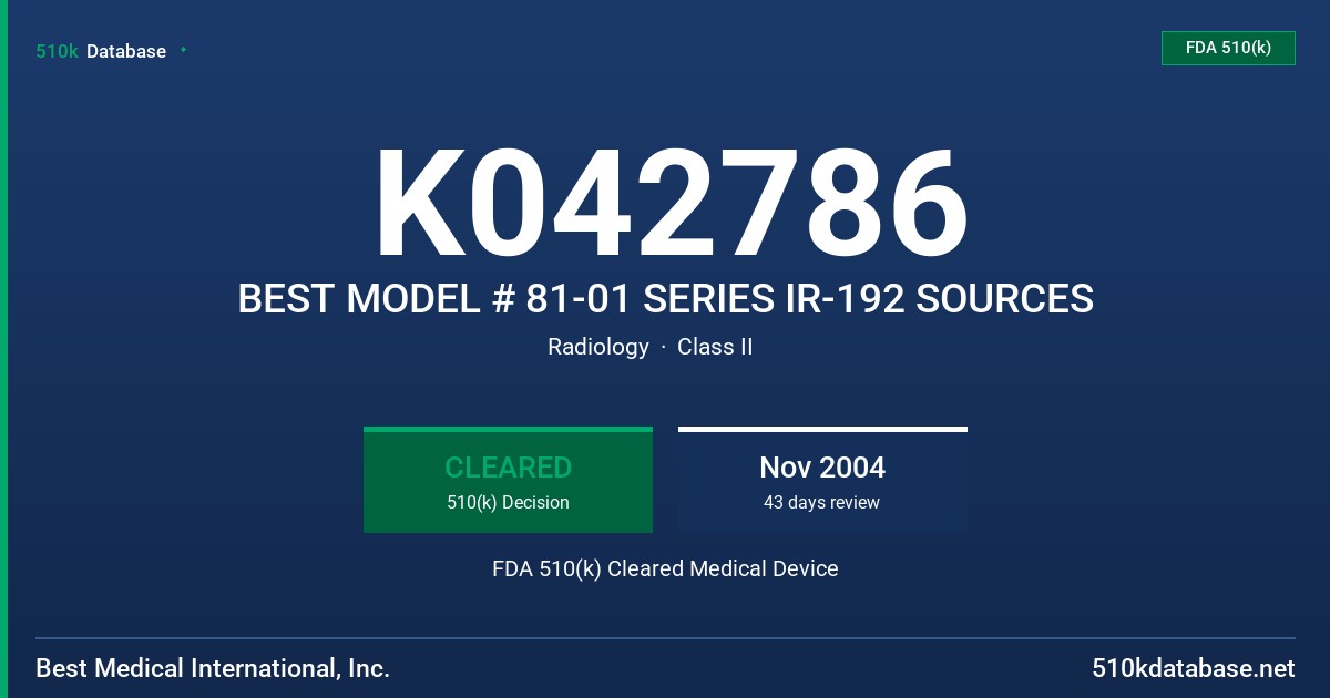 K042786 BEST MODEL # 81-01 SERIES IR-192 SOURCES FDA 510(k) Cleared Medical Device
