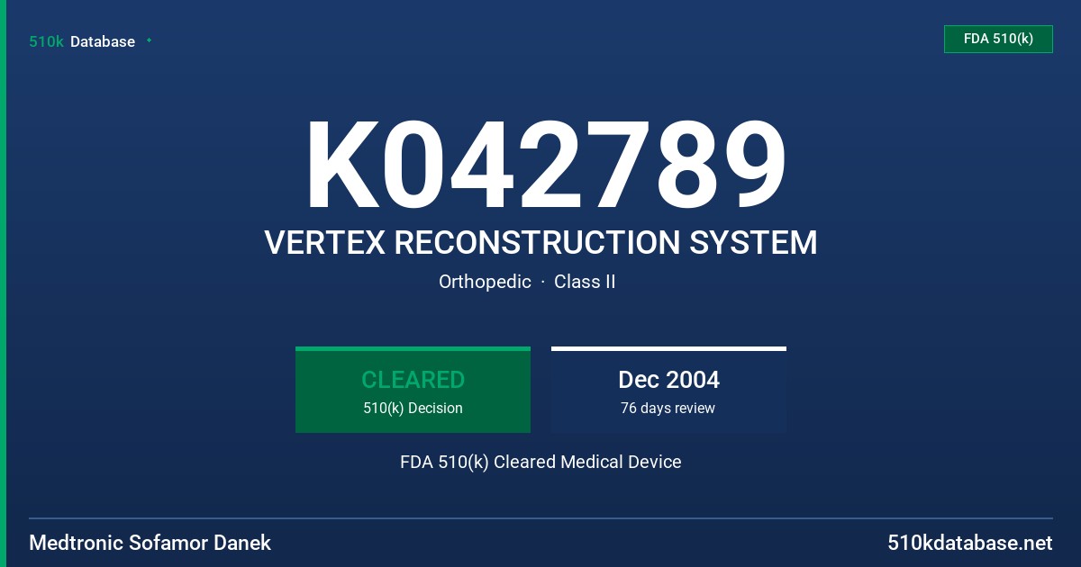 K042789 VERTEX RECONSTRUCTION SYSTEM FDA 510(k) Cleared Medical Device