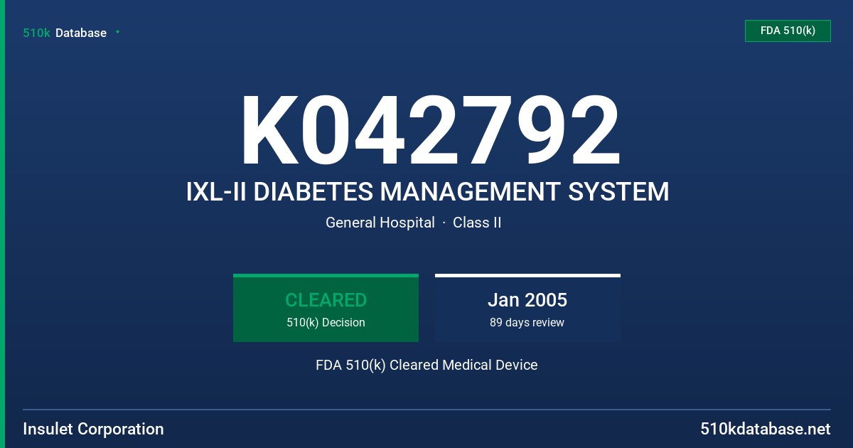 K042792 IXL-II DIABETES MANAGEMENT SYSTEM FDA 510(k) Cleared Medical Device