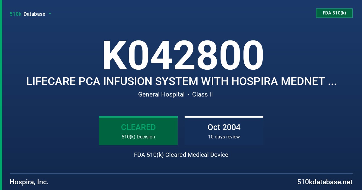 K042800 LIFECARE PCA INFUSION SYSTEM WITH HOSPIRA MEDNET SOFTWARE FDA 510(k) Cleared Medical Device