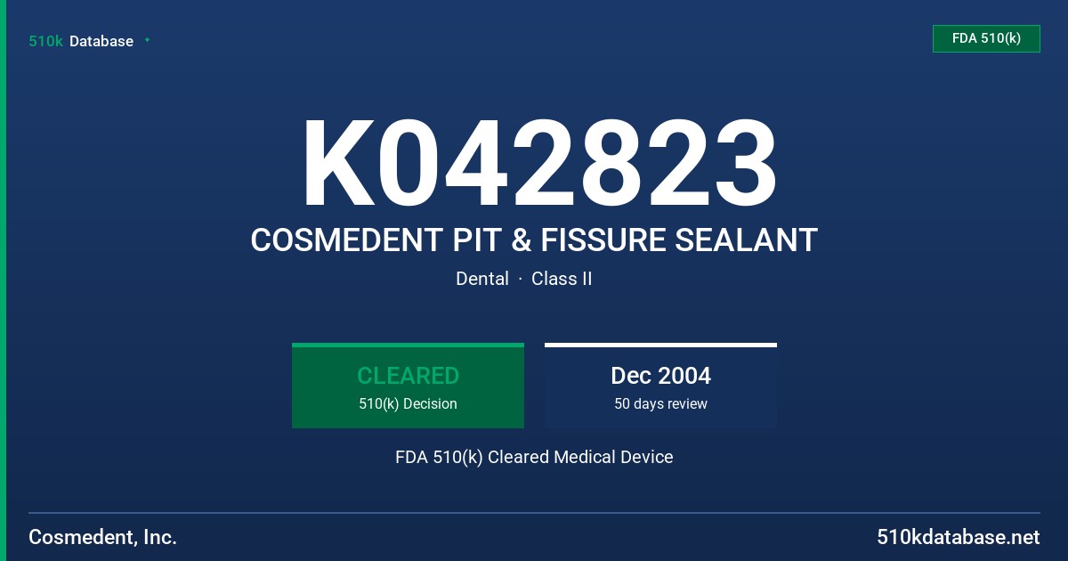 K042823 COSMEDENT PIT & FISSURE SEALANT FDA 510(k) Cleared Medical Device
