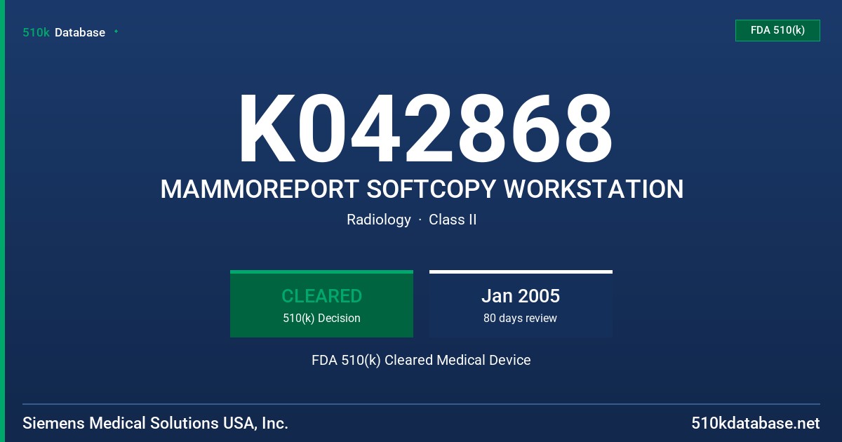 K042868 MAMMOREPORT SOFTCOPY WORKSTATION FDA 510(k) Cleared Medical Device