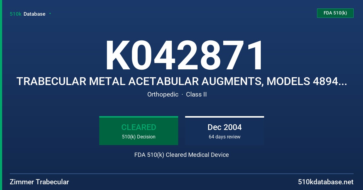 K042871 TRABECULAR METAL ACETABULAR AUGMENTS, MODELS 4894-XXX-YY, 02-212-105XX3, 02-212-205XX3, 02-212-305XX3 FDA 510(k) Cleared Medical Device