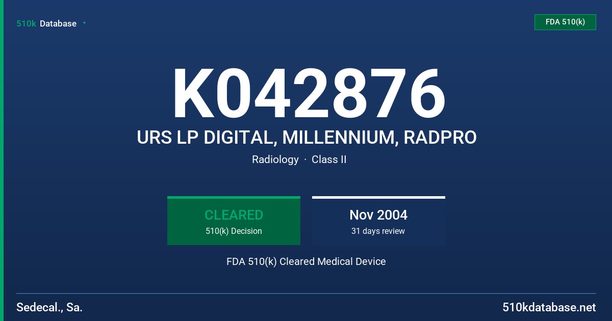 K042876 URS LP DIGITAL, MILLENNIUM, RADPRO FDA 510(k) Cleared Medical Device
