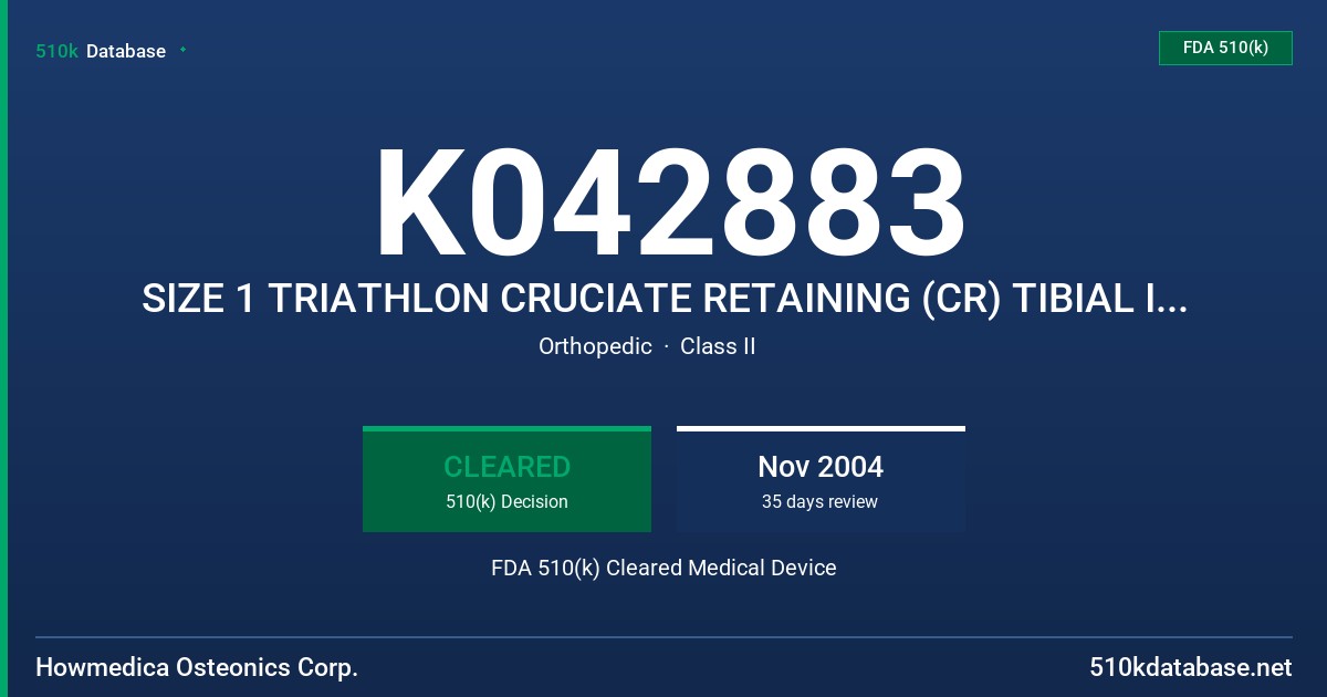 K042883 SIZE 1 TRIATHLON CRUCIATE RETAINING (CR) TIBIAL INSERT FDA 510(k) Cleared Medical Device
