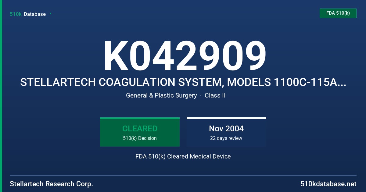 K042909 STELLARTECH COAGULATION SYSTEM, MODELS 1100C-115A & 1100C-230A FDA 510(k) Cleared Medical Device
