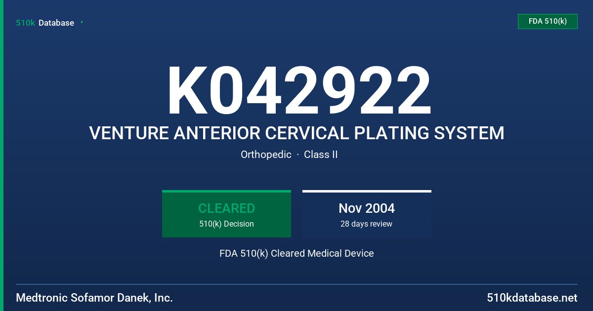 K042922 VENTURE ANTERIOR CERVICAL PLATING SYSTEM FDA 510(k) Cleared Medical Device