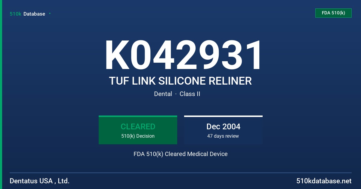 K042931 TUF LINK SILICONE RELINER FDA 510(k) Cleared Medical Device