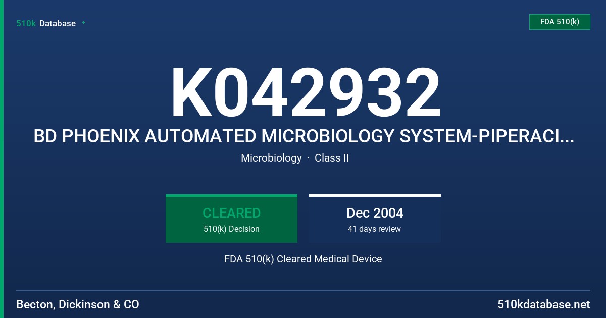 K042932 BD PHOENIX AUTOMATED MICROBIOLOGY SYSTEM-PIPERACILLIN-TAZOBACTAM 0.5/4-128/4 UG/ML FDA 510(k) Cleared Medical Device