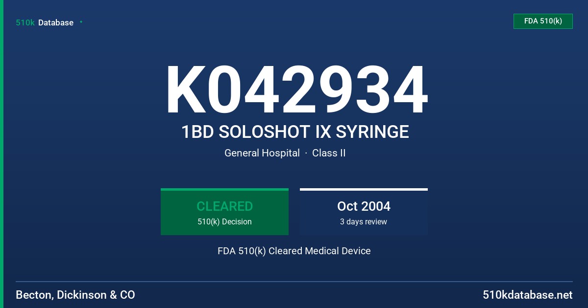 K042934 1BD SOLOSHOT IX SYRINGE FDA 510(k) Cleared Medical Device