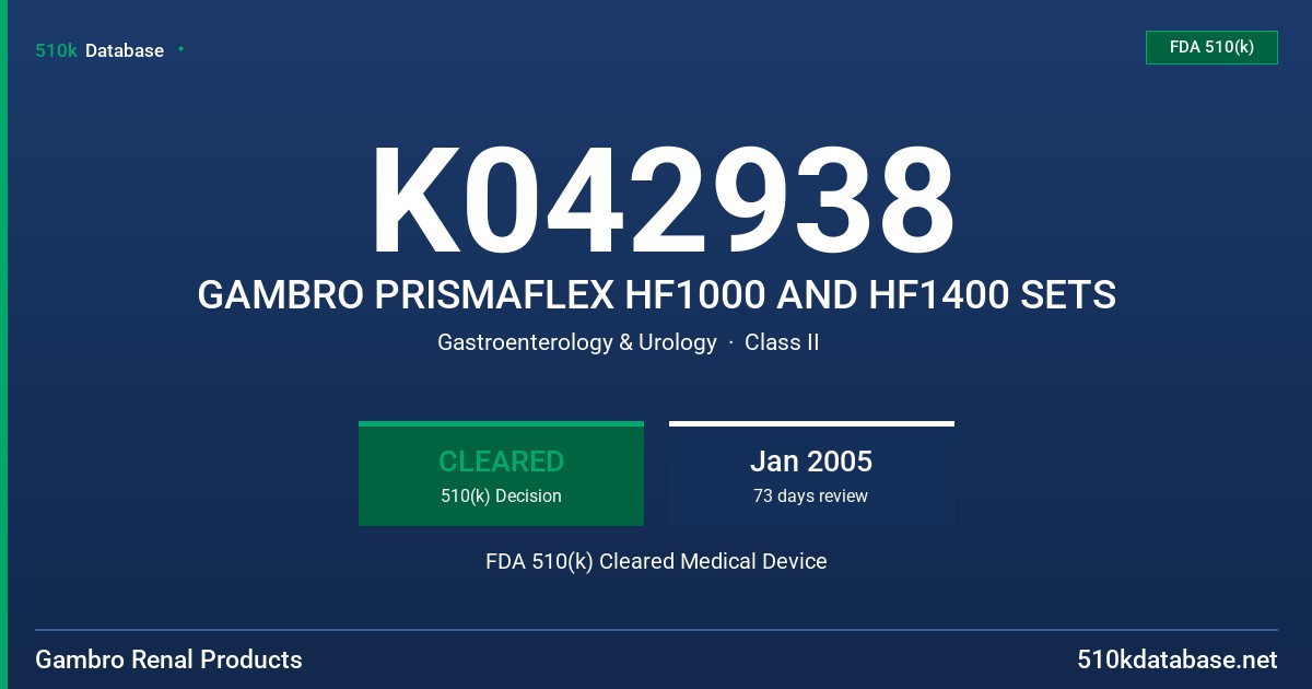 K042938 GAMBRO PRISMAFLEX HF1000 AND HF1400 SETS FDA 510(k) Cleared Medical Device