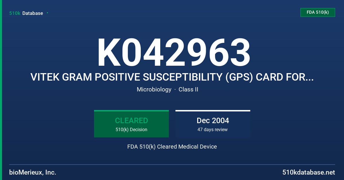 K042963 VITEK GRAM POSITIVE SUSCEPTIBILITY (GPS) CARD FOR ERTAPENEM FDA 510(k) Cleared Medical Device
