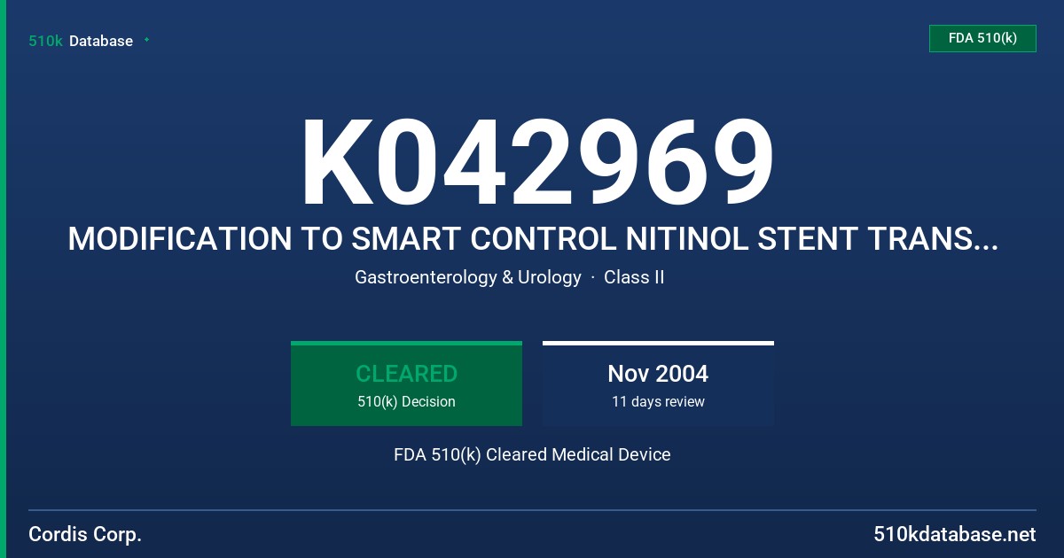 K042969 MODIFICATION TO SMART CONTROL NITINOL STENT TRANSHEPATIC BILIARY SYSTEM FDA 510(k) Cleared Medical Device