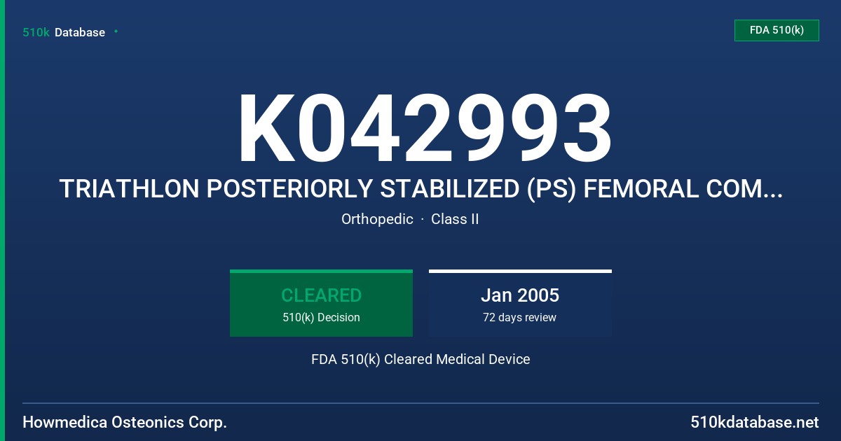 K042993 TRIATHLON POSTERIORLY STABILIZED (PS) FEMORAL COMPONENT FDA 510(k) Cleared Medical Device