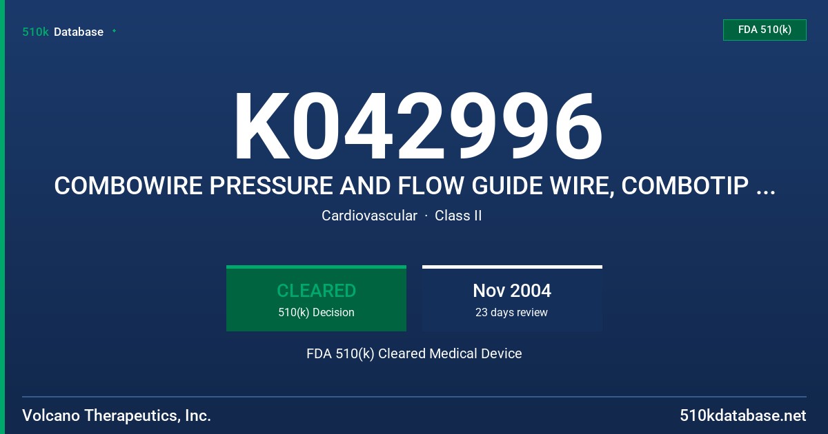 K042996 COMBOWIRE PRESSURE AND FLOW GUIDE WIRE, COMBOTIP PRESSURE AND FLOW GUIDE WIRE FDA 510(k) Cleared Medical Device
