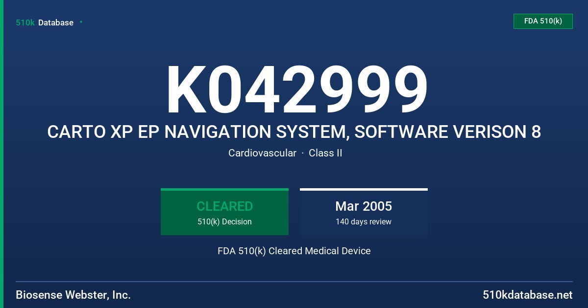 K042999 CARTO XP EP NAVIGATION SYSTEM, SOFTWARE VERISON 8 FDA 510(k) Cleared Medical Device