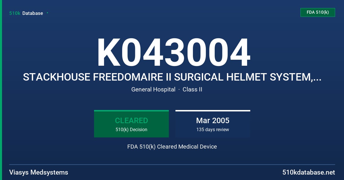 K043004 STACKHOUSE FREEDOMAIRE II SURGICAL HELMET SYSTEM, MODELS 12000, 12010, 12011, 12020, 12021, 12022, 12030, 12031 FDA 510(k) Cleared Medical Device